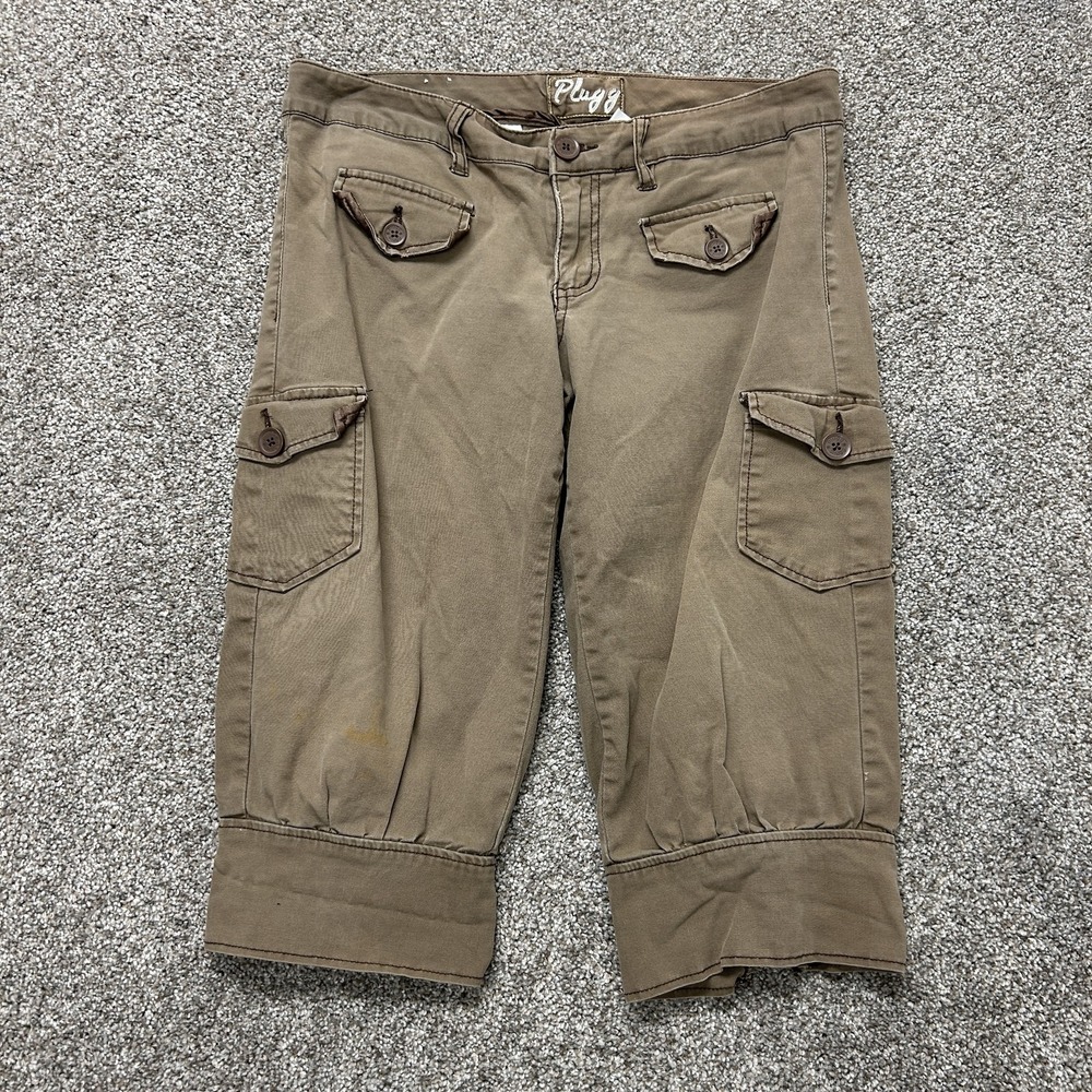 Plugg Cargo Pants Juniors 9 Brown Twill Crop Straight Leg Lace Up Pockets Casual